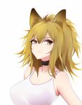  1girl animal_ears arknights bangs bare_shoulders black_choker black_eyes blonde_hair breasts choker frown hair_between_eyes large_breasts long_hair looking_at_viewer mane shirt shito_zhizhen siege_(arknights) simple_background solo tank_top upper_body white_background white_shirt 
