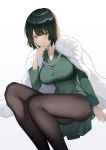  1girl absurdres bangs black_hair black_legwear blunt_bangs blush dress fubuki_(one-punch_man) fur_trim green_eyes half-closed_eyes hand_on_own_chin highres jacket jewelry necklace one-punch_man pantyhose parted_lips pearl_necklace short_hair solo yykuaixian 