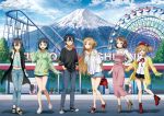  1boy 5girls :d amusement_park arms_behind_back asada_shino asuna_(sao) black_eyes black_footwear black_hair black_legwear black_shirt black_skirt blue_eyes blue_pants blue_shirt blue_shorts blue_skirt boots bracelet brown_eyes brown_footwear brown_hair cardigan casual clenched_hand dress ferris_wheel floating_hair glasses green_sweater hair_ornament hair_ribbon hairclip hand_on_hip hands_in_pocket hat highres hood hood_down hooded_sweater jewelry kirigaya_suguha kirito leaning_forward lens_flare lisbeth long_dress long_hair long_sleeves looking_at_viewer miniskirt mount_fuji multiple_girls necklace off-shoulder_shirt off_shoulder official_art one-eyed open_cardigan open_clothes open_mouth pants pencil_skirt pinafore_dress pink_dress pleated_skirt red_footwear red_headwear ribbed_sweater ribbon roller_coaster see-through shiny shiny_hair shirt shoes short_hair short_shorts short_sleeves shorts silica skirt smile sneakers socks sweater sword_art_online torn_clothes torn_pants very_long_hair white_footwear white_ribbon white_shirt white_sweater yellow_cardigan yellow_ribbon 