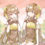  2girls airisuotog bow breastplate brown_eyes brown_hair cape commentary_request dress dual_persona dyute_(fire_emblem) eating fire_emblem fire_emblem_echoes:_mou_hitori_no_eiyuuou fire_emblem_heroes hair_bow highres long_hair multiple_girls ponytail red_eyes short_dress sitting twitter_username 