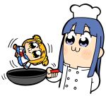  2girls :3 arm_behind_back bangs bkub blue_eyes blue_hair blue_sailor_collar blue_skirt blush chef_hat chef_uniform commentary eyebrows_visible_through_hair hair_ornament hair_scrunchie hat holding light_blush motion_lines multiple_girls neckerchief orange_hair pipimi poptepipic popuko red_neckwear sailor_collar school_uniform scrunchie serafuku shirt shoes short_twintails sidelocks simple_background skirt twintails two_side_up white_background white_shirt yellow_eyes yellow_scrunchie 