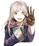  1girl book brown_eyes brown_gloves commentary_request female_my_unit_(fire_emblem:_kakusei) fire_emblem fire_emblem:_kakusei gloves highres holding holding_book hood hood_down long_sleeves my_unit_(fire_emblem:_kakusei) open_mouth simple_background solo tpicm twintails upper_body white_background white_hair 