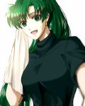  1girl :d black_shirt delsaber earrings fire_emblem fire_emblem:_rekka_no_ken floating_hair green_eyes green_hair holding holding_towel intelligent_systems jewelry long_hair looking_at_viewer lyndis_(fire_emblem) nintendo open_mouth shiny shiny_hair shirt short_sleeves simple_background smile solo sweatdrop towel very_long_hair white_background 