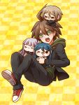  1boy :d ahoge black_jacket black_pants brown_hair character_doll checkered checkered_background dangan_ronpa dangan_ronpa_1 doll_on_head green_eyes green_sweater hair_between_eyes hood hood_down hooded_sweater jacket kirigiri_kyouko long_sleeves looking_at_viewer maizono_sayaka male_focus naegi_makoto open_mouth pants red_footwear shoes smile sneakers solo sweater togami_byakuya yellow_background yumaru_(marumarumaru) 