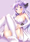  1girl ahoge armpits ass azur_lane bare_shoulders blush breasts closed_mouth collarbone convenient_leg criss-cross_halter detached_sleeves dress feet hair_bun halterneck highres knees_together_feet_apart knees_up long_hair looking_at_viewer medium_breasts no_shoes one_side_up purple_background purple_hair simple_background sitting solo thigh-highs unicorn_(azur_lane) violet_eyes white_dress white_legwear yuano 