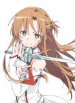  1girl asuna_(sao) blush brown_eyes brown_hair closed_mouth detached_sleeves holding holding_sword holding_weapon ixy long_hair looking_at_viewer simple_background smile solo sword sword_art_online weapon white_background 
