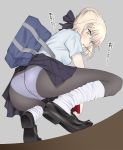  1girl alternate_costume artoria_pendragon_(all) bag black_footwear black_legwear black_ribbon blonde_hair blue_shirt blue_skirt braid commentary fate/stay_night fate_(series) food french_braid full_body hair_bun hair_ribbon highres loafers looking_at_viewer miniskirt mouth_hold panties panties_under_pantyhose pantyhose pleated_skirt pocky ribbon saber_alter school_bag school_uniform shirt shoes short_sleeves skirt socks_over_pantyhose solo squatting translated underwear white_legwear white_panties yellow_eyes yoshiki360 