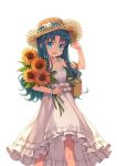  1girl :d aqua_eyes aqua_hair aqua_ribbon arm_up backlighting bag bangs bare_legs basket blue_bracelet bracelet cat collarbone cropped_legs curly_hair dress flower food frilled_dress frills hand_on_headwear hand_up happy hat hat_ribbon heartcatch_precure! highres holding holding_basket holding_flower jewelry kurumi_erika light_blush light_smile ling_si long_hair looking_at_viewer open_mouth precure ribbon sandwich shadow simple_background sleeveless sleeveless_dress smile solo standing straw_hat sundress sunflower teeth white_background white_dress 