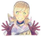  1girl aisutabetao armor blonde_hair blush braid cape fire_emblem fire_emblem_heroes gloves green_eyes intelligent_systems long_hair looking_at_viewer nintendo open_mouth sharena simple_background smile solo super_smash_bros. white_background 