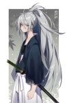  1girl aek-999_(girls_frontline) ahoge bangs border character_name deathalice earrings eyebrows_visible_through_hair girls_frontline grey_background hair_between_eyes highres japanese_clothes jewelry katana leaf_print long_hair looking_at_viewer ponytail samurai sidelocks silver_hair simple_background solo standing strapless sword torn_clothes tubetop weapon wide_sleeves yellow_eyes 