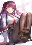  1girl arm_support bangs black_legwear black_skirt blush breasts closed_mouth commentary earphones eyebrows_visible_through_hair feet girls_frontline gloves hair_ribbon half_updo high-waist_skirt large_breasts long_hair looking_at_viewer necktie no_shoes one_side_up pantyhose purple_hair qian_wu_atai red_eyes red_neckwear ribbon shirt skirt solo suspender_skirt suspenders thighband_pantyhose toes v-shaped_eyebrows very_long_hair wa2000_(girls_frontline) 