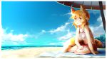  1girl adapted_costume animal_ear_fluff animal_ears beach beach_towel beach_umbrella blonde_hair clouds commentary_request crop_top fox_ears fox_tail highres horizon kuro_kosyou miniskirt navel ocean outdoors red_skirt scenery senko_(sewayaki_kitsune_no_senko-san) sewayaki_kitsune_no_senko-san short_hair sitting skirt sky smile solo tail tank_top towel umbrella white_tank_top yellow_eyes 