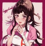  1girl absurdres apron bandaged_arm bandages black_hair blush breasts commentary_request dangan_ronpa dated fingers_together frame happy_birthday heart highres kureha221 large_breasts long_hair looking_at_viewer messy_hair mole mole_under_eye nurse pink_shirt puffy_short_sleeves puffy_sleeves shirt short_sleeves sidelocks signature smile solo super_dangan_ronpa_2 tsumiki_mikan violet_eyes white_apron 