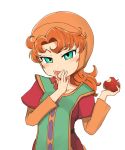  1girl apple blush breasts commentary_request curly_hair dragon_quest dragon_quest_vii dress food fruit green_eyes hand_on_own_chin hat holding holding_food holding_fruit invisiblewanwano long_hair long_sleeves looking_at_viewer maribel_(dq7) redhead short_over_long_sleeves short_sleeves simple_background small_breasts smile solo tongue tongue_out upper_body white_background 