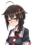  1girl ahoge black_hair black_serafuku blue_eyes braid commentary_request cowboy_shot hair_flaps hair_over_shoulder highres kantai_collection long_hair looking_down neckerchief red_neckwear remodel_(kantai_collection) school_uniform serafuku shigure_(kantai_collection) simple_background single_braid smile solo upper_body v_r_dragon01 