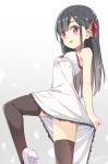  1girl :d bangs bare_arms bare_shoulders black_hair blush breasts brown_legwear chinese_commentary commentary_request dress eyebrows_visible_through_hair hair_ribbon hatsunatsu high_heels long_hair looking_at_viewer open_mouth original red_eyes red_ribbon ribbon shoe_soles shoes sleeveless sleeveless_dress small_breasts smile solo standing standing_on_one_leg thigh-highs very_long_hair white_dress white_footwear 