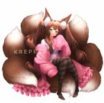  1girl animal_ear_fluff animal_ears black_legwear blush brown_hair cardigan closed_eyes collarbone commentary english_commentary fluffy fox_ears fox_girl fox_tail frills green_eyes highres krepexz large_tail long_hair looking_at_viewer multiple_tails open_cardigan open_clothes original oversized_clothes pink_cardigan plushmallow shirt simple_background sitting sitting_on_tail sleeves_past_fingers sleeves_past_wrists smile solo striped striped_legwear tail thigh-highs twintails watermark white_background white_shirt 