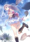  1girl atelier_(series) atelier_lulua bangs blue_sky blunt_bangs boots clouds commentary_request elmerulia_fryxell flower from_below green_eyes grey_hair hair_ornament heart kishida_mel long_hair long_sleeves looking_at_viewer looking_back miniskirt official_art petals skirt sky solo thighs white_skirt 