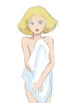  1girl blonde_hair blue_eyes commentary_request gacha-m gundam looking_at_viewer mobile_suit_gundam naked_towel sayla_mass short_hair simple_background towel white_background 
