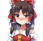  1girl ascot bangs bare_shoulders blush bow brown_hair commentary crying crying_with_eyes_open detached_sleeves e.o. eyebrows_visible_through_hair frilled_bow frilled_shirt_collar frills hair_bow hair_tubes hakurei_reimu looking_at_viewer nose_blush red_bow red_eyes ribbon-trimmed_collar ribbon_trim short_hair sidelocks simple_background solo tears touhou upper_body white_background yellow_neckwear 