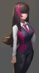 1girl bangs brown_hair closed_mouth commentary grey_background hand_on_hip highres hood_(james_x) light long_hair multicolored_hair necktie personification pokemon purple_hair purple_neckwear salazzle simple_background slit_pupils solo standing vest violet_eyes 