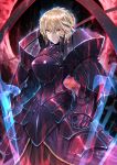  1girl absurdres armor artoria_pendragon_(all) aura bangs black_armor braid closed_mouth commentary_request dark_aura eyebrows_visible_through_hair fate/grand_order fate_(series) hair_between_eyes highres kamonegi_(meisou1998) light_brown_hair looking_at_viewer saber_alter sidelocks signature solo sword transparent v-shaped_eyebrows weapon yellow_eyes 
