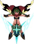  armor armored_boots bikini_armor boots bright_pupils cape energy_sword fingerless_gloves gloves green_hair hero_(sekaiju) himukai_yuuji long_hair looking_at_viewer official_art outstretched_arms pink_eyes sekaiju_no_meikyuu sekaiju_no_meikyuu_x simple_background spread_arms sword weapon white_background 