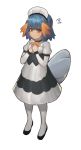  1girl black_footwear blue_hair blush bow brown_eyes closed_mouth commentary eyebrows_visible_through_hair highres holding_hands hood_(james_x) maid maid_headdress mudkip orange_bow pantyhose personification pokemon short_hair simple_background solo standing sweatdrop tail white_background white_legwear 