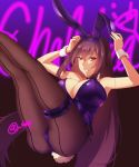  1girl animal_ears arms_up artist_name ass bare_shoulders bow bowtie breasts bunny_girl bunny_tail bunnysuit detached_collar fake_animal_ears fate/grand_order fate_(series) fishnet_pantyhose fishnets highres large_breasts legs_together legs_up leotard long_hair looking_at_viewer neon_lights pantyhose purple_hair purple_leotard rabbit_ears red_eyes scathach_(fate)_(all) scathach_(fate/grand_order) skelefuku smile solo strapless strapless_leotard tail wrist_cuffs 