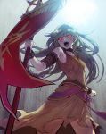  1girl angry arm_belt banner bare_shoulders beleth_(megido72) belt belt_buckle bracelet buckle chain collar commentary_request eyebrows_visible_through_hair flag green_hair holding holding_flag hotaruika_niji jewelry light long_hair megido72 open_mouth red_eyes solo standing 