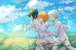  1girl 2boys :d ahoge blonde_hair blue_sky closed_eyes clouds collared_shirt day dress_shirt emma_(yakusoku_no_neverland) from_side grass green_hair lens_flare long_sleeves melings_(aot2846) miniskirt multiple_boys norman_(yakusoku_no_neverland) open_mouth outdoors pants pleated_skirt ray_(yakusoku_no_neverland) running shirt short_hair silver_hair skirt sky smile white_pants white_shirt white_skirt wing_collar yakusoku_no_neverland 