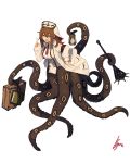  1girl anchor_symbol armband bangs clipboard commentary_request hat highres lamp lansane long_sleeves mace monster_girl necktie nurse_cap original red_neckwear scylla signature simple_background solo suitcase tentacles weapon white_background 