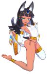  1girl :d animal_ears ass bangs bare_shoulders barefoot black_hair blunt_bangs breasts cat_ears cat_tail circlet dark_skin detached_sleeves egyptian eyeliner green_eyes green_nails hair_ornament hayanye highres looking_at_viewer makeup open_mouth original simple_background single_thighhigh smile solo tail thigh-highs white_background 