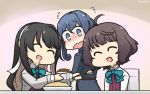  3girls ahoge bangs black_hair blazer blue_hair blunt_bangs blush bow bowtie brown_hair closed_eyes collared_shirt commentary_request curry curry_rice dated drooling fang feeding flying_sweatdrops food fried_rice from_behind gotland_(kantai_collection) hair_bun hair_down hair_ribbon hairband halterneck hamu_koutarou happy highres jacket kantai_collection kishinami_(kantai_collection) long_hair long_sleeves looking_back military military_uniform mole mole_under_eye multiple_girls naganami_(kantai_collection) open_mouth pink_hair remodel_(kantai_collection) ribbon rice saliva school_uniform shirt short_hair skin_fang uniform upper_body wavy_hair wavy_mouth white_hairband white_shirt 