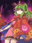  1girl aura bracelet chiki cloak closed_mouth commentary_request dark_aura dress fire_emblem fire_emblem:_mystery_of_the_emblem fire_emblem_heroes green_hair jewelry long_hair mamkute pink_dress pointy_ears ponytail red_eyes sama_(fish_student) short_dress solo stone 
