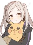  1girl blush brown_eyes commentary_request creatures_(company) female_my_unit_(fire_emblem:_kakusei) fire_emblem fire_emblem:_kakusei game_freak gen_1_pokemon holding holding_pokemon intelligent_systems long_sleeves my_unit_(fire_emblem:_kakusei) nintendo parted_lips pikachu pokemon pokemon_(creature) reflet ryon_(ryonhei) simple_background twintails white_background white_hair 