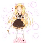  1girl :d ^_^ abigail_williams_(fate/grand_order) alternate_costume animal_ear_fluff animal_ears bangs black_bow blonde_hair blush bow brown_sailor_collar brown_skirt cat_ears cat_girl cat_tail closed_eyes collarbone commentary_request diagonal_stripes eyebrows_visible_through_hair facing_viewer fate/grand_order fate_(series) forehead full_body grey_shirt hair_bow hands_up heart kemonomimi_mode long_hair multiple_bows multiple_hair_bows open_mouth orange_bow parted_bangs pleated_skirt polka_dot polka_dot_bow puffy_short_sleeves puffy_sleeves sailor_collar school_uniform serafuku shirt short_sleeves skirt smile solo standing striped tail tail_bow thigh-highs toko_(torisan_ren) very_long_hair white_legwear 