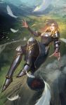  1girl armor bird blonde_hair blue_eyes blurry_foreground breastplate commentary commission cover_image crater day english_commentary falling fantasy feathers greaves highres hip_armor long_hair mountain nguyen_uy_vu original outdoors river shoulder_armor skirt solo valley volcano 