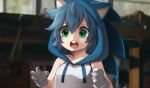  1girl :o animal_hood artist_name bare_shoulders blue_hair breasts commentary genderswap genderswap_(mtf) gloves green_eyes hair_between_eyes hood humanization messy_hair open_mouth rayrie scared shirt short_hair sleeveless sleeveless_shirt small_breasts solo sonic sonic_the_hedgehog sonic_the_hedgehog_(movie) teeth white_gloves white_shirt 