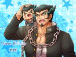  1boy :d beard black_hair black_jacket blue_background chain character_doll collarbone dangan_ronpa doll_on_shoulder facial_hair happy_birthday jacket long_sleeves nidai_nekomaru open_clothes open_jacket open_mouth petting scar scar_across_eye shirt smile solo star super_dangan_ronpa_2 whistle white_shirt yellow_eyes yumaru_(marumarumaru) 