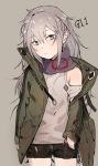  1girl absurdres bangs bare_shoulders black_shorts blush closed_mouth cowboy_shot g11_(girls_frontline) girls_frontline green_jacket grey_background grey_eyes hair_between_eyes hand_in_pocket highres hiranko jacket jacket_removed long_hair looking_at_viewer messy_hair open_clothes scarf shirt shorts silver_hair simple_background solo thighs very_long_hair white_shirt 