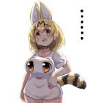  ... 1girl :d alternate_costume animal_ear_fluff animal_ears bangs blonde_hair blush breasts brown_eyes collarbone cowboy_shot eyebrows_visible_through_hair hair_between_eyes hand_on_hip head_tilt impossible_clothes impossible_shirt kemono_friends large_breasts open_mouth print_shirt serval_(kemono_friends) serval_ears serval_tail shirt short_sleeves simple_background smile solo striped_tail tail u-non_(annon&#039;an) white_background white_shirt 