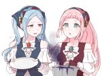  2girls artist_name bad_food bandana blue_eyes blue_hair commentary_request felicia_(fire_emblem_if) fingerless_gloves fire_emblem fire_emblem_heroes fire_emblem_if flora_(fire_emblem_if) gloves grey_eyes highres holding holding_plate holding_pot long_hair long_sleeves multiple_girls open_mouth pink_hair plate ponytail pot siblings simple_background sisters solfa_(gikosweety) sweatdrop twintails upper_body white_background 