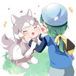  +++ 2girls :d ^_^ animal_ears bag bangs blue_headwear blue_shirt blue_shorts blush bow cheek_squash closed_eyes commentary dog_(mixed_breed)_(kemono_friends) dog_ears dog_girl dog_tail elbow_gloves eyebrows_visible_through_hair fur-trimmed_sleeves fur_trim gloves green_hair grey_hair grey_skirt hair_bow heart helmet highres kemono_friends long_hair long_sleeves makuran multicolored_hair multiple_girls no_shoes open_mouth pantyhose pleated_skirt seiza shirt short_over_long_sleeves short_shorts short_sleeves shorts shoulder_bag sitting skirt smile tail tail_wagging tomoe_(kemono_friends)_(niconico88059799) two-tone_hair white_gloves white_hair white_legwear white_shirt yellow_bow 