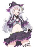  1girl belly belt black_gloves blush capelet commentary_request crop_top gloves hair_bun hair_ornament hat hime_cut hololive ixy long_hair looking_at_viewer midriff murasaki_shion navel open_mouth silver_hair simple_background solo virtual_youtuber white_background witch_hat yellow_eyes 