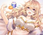  1girl :d ahoge bangs bare_shoulders bed_sheet blonde_hair blush bottle breasts chewing_gum collarbone detached_sleeves dress dutch_angle eyebrows_visible_through_hair fingernails food fruit glasses grey-framed_eyewear hair_between_eyes hand_up holding long_hair lying medium_breasts nijisanji on_back open_mouth orange puffy_short_sleeves puffy_sleeves shikino_yuki short_sleeves smile solo strapless strapless_dress takamiya_rion violet_eyes virtual_youtuber white_dress white_sleeves 