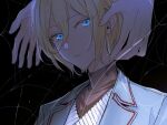  1boy 1other black_background blonde_hair blue_eyes blue_jacket brown_shirt disembodied_limb eichi_turnr ensemble_stars! highres jacket long_sleeves looking_at_viewer parted_lips shaded_face shirt short_hair silk spider_web string sweater tenshouin_eichi turtleneck white_sweater 