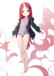  1girl barefoot black_jacket casual_one-piece_swimsuit commentary_request covered_navel full_body highres hood horn jacket koebushi_(mat) legs long_hair one-piece_swimsuit original red_eyes redhead simple_background solo swimsuit thigh_gap toes white_background white_swimsuit 