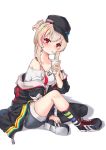  1girl alternate_costume baseball_cap casual cup disposable_cup dog_tags drinking drinking_straw fuyukin_chiba girls_frontline hat highlights highres jacket m4_sopmod_ii_(girls_frontline) multicolored_hair pink_hair platinum_blonde_hair red_eyes shoes shorts sitting sneakers socks two-tone_hair 