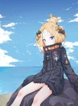  1girl abigail_williams_(fate/grand_order) absurdres bangs beach bird black_bow black_jacket blonde_hair blue_eyes blush bow commentary_request fate/grand_order fate_(series) hair_bow hair_bun heroic_spirit_traveling_outfit highres jacket kalun_(fwme3378) long_hair long_sleeves looking_at_viewer multiple_hair_bows ocean orange_bow parted_bangs seagull sitting sleeves_past_fingers sleeves_past_wrists solo stuffed_animal stuffed_toy teddy_bear white_background 